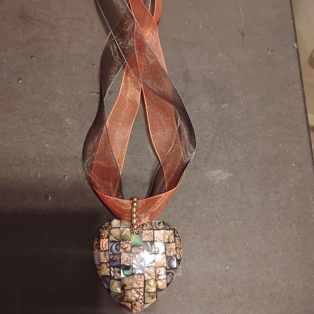 Double Sided Abalone Shell Mother Of Pearl Mosaic Heart Pendant Necklace -